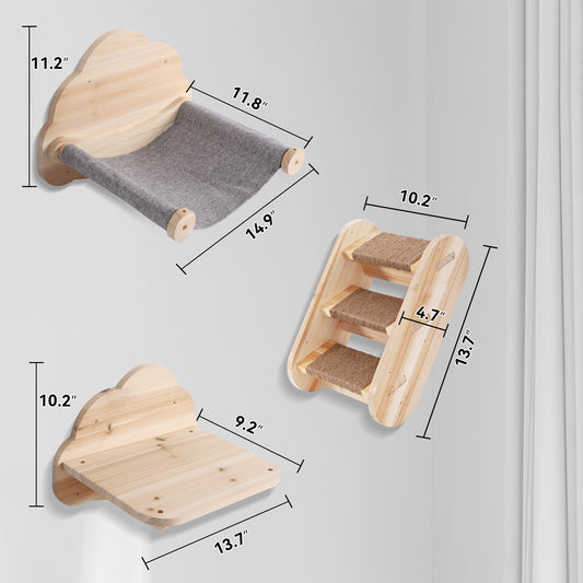 CBJCBJ Solid Wood Cat Wall Mounts Shelves Perches Set, Sleeping Playing Lounging Climbing Wall-mounted Cat Tree House for Multiple Cats, 3-Piece