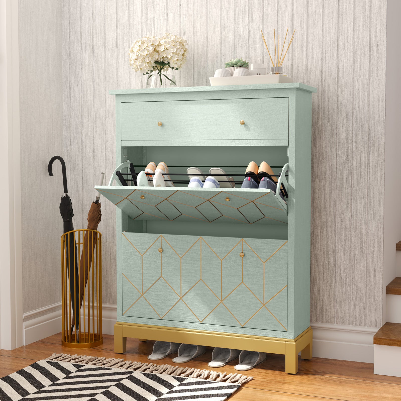 HLR® Space Saving Hidden Shoe Cabinet with 2 Flip Doors 1 Drawer, Shoe Storage Cabinet