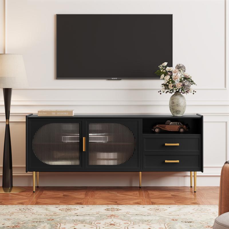 HLR® Moderner 60-Zoll-TV-Ständer für 55/60/65-Zoll-Fernseher, TV-Schrank mit Glastür und Schubladen