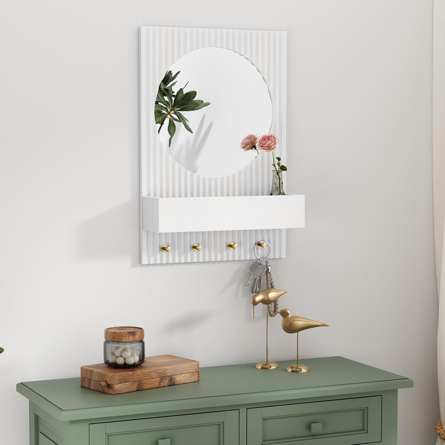 HLR® Wandspiegel aus Holz mit Ablage und Haken, 24 x 16 Zoll, weißer Wandspiegel