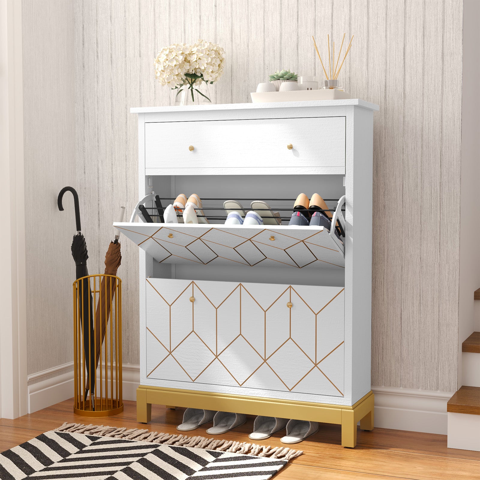 HLR® Space Saving Hidden Shoe Cabinet with 2 Flip Doors 1 Drawer, Shoe Storage Cabinet