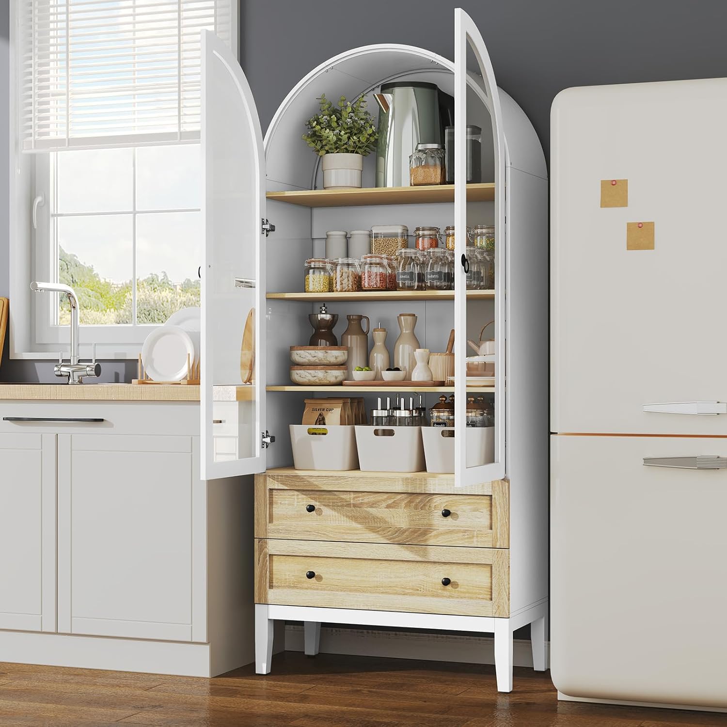 Armoire de rangement arquée HLR® de 71 po de hauteur, armoire de garde-manger de cuisine blanche de style campagnard moderne