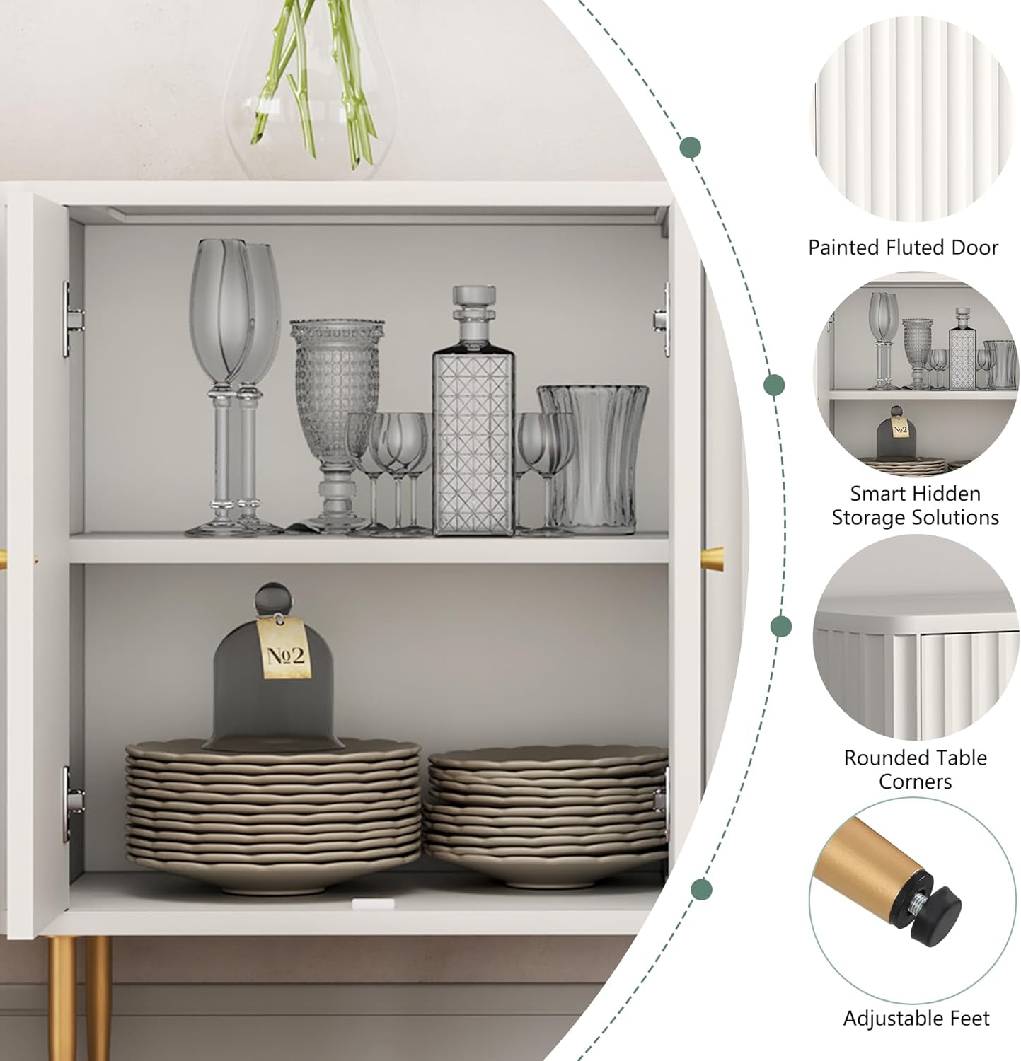 Buffet HLR®, meuble d'appoint moderne de 48 po avec 4 portes et étagères amovibles