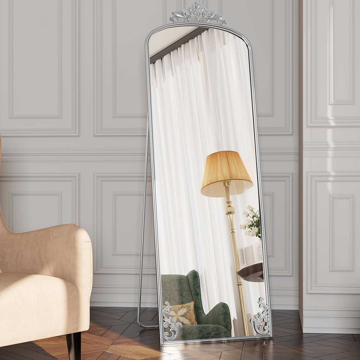 Miroir pleine longueur arqué HLR® 64"x21" de haut, miroirs vintage avec cadre en métal sculpté