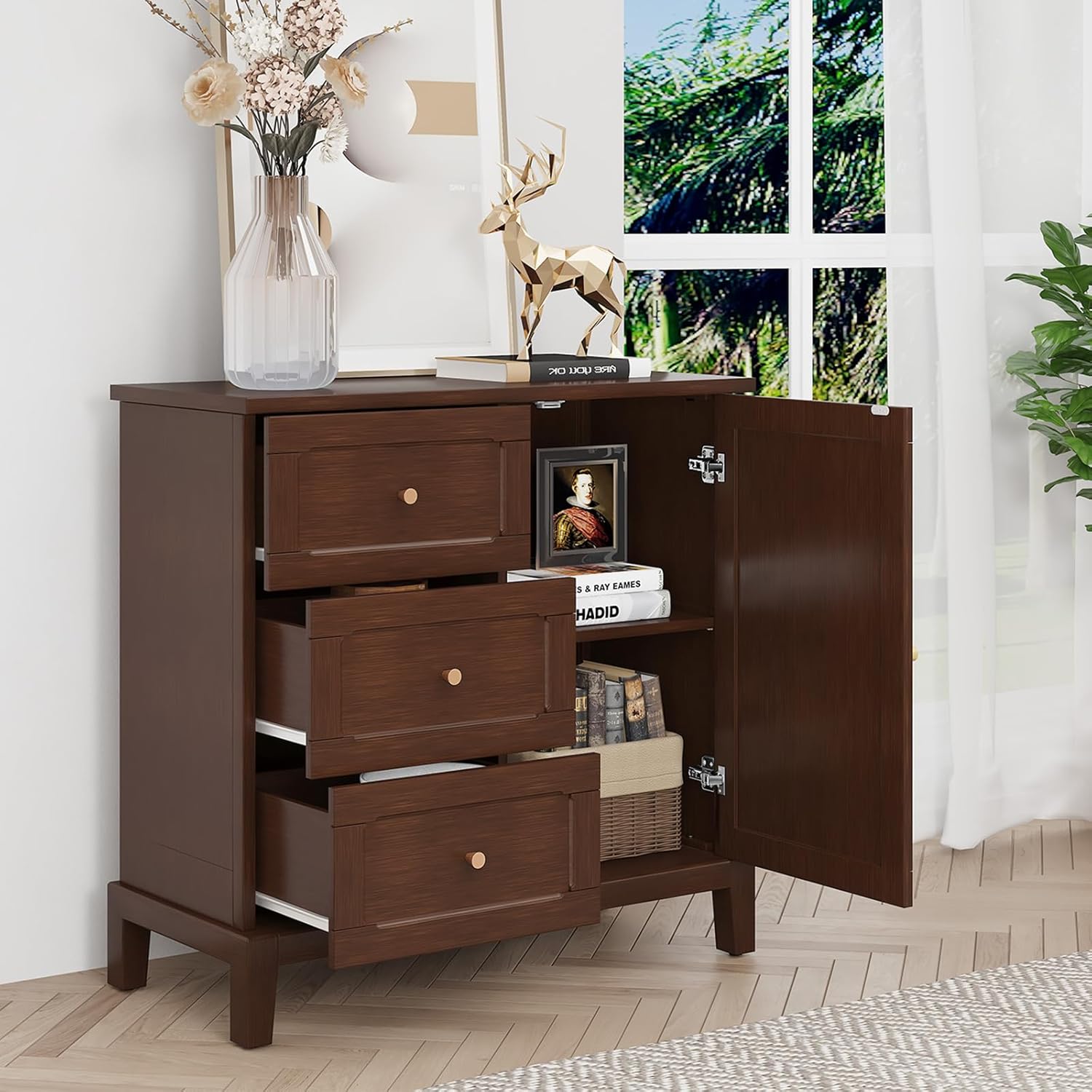 Armoire d'appoint HLR® avec 3 tiroirs et porte, armoire de rangement en bois avec étagères