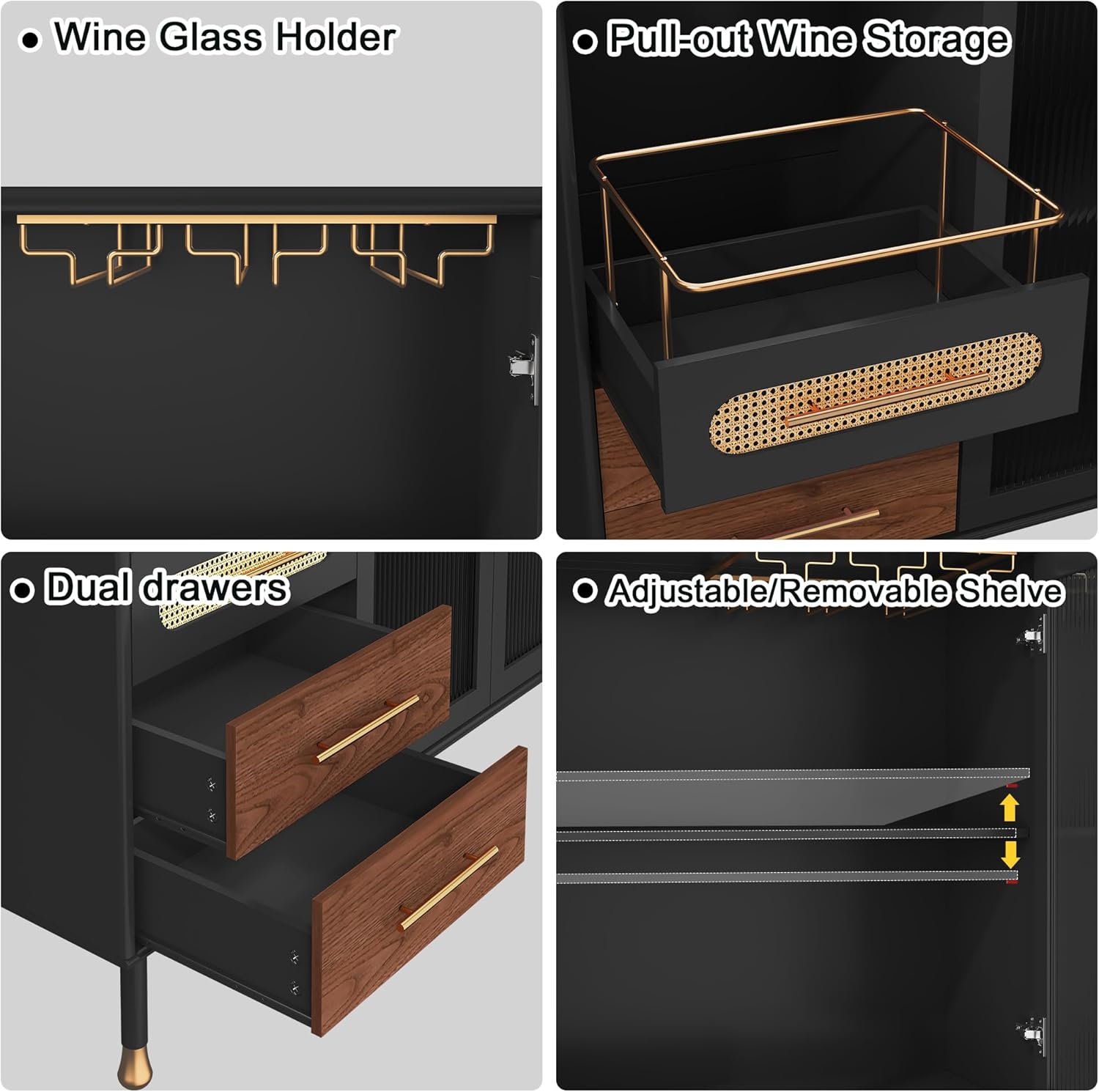 HLR® 48" Coffee Bar Cabinet with Wine Racks and Drawers, Modern Buffet Sideboard
