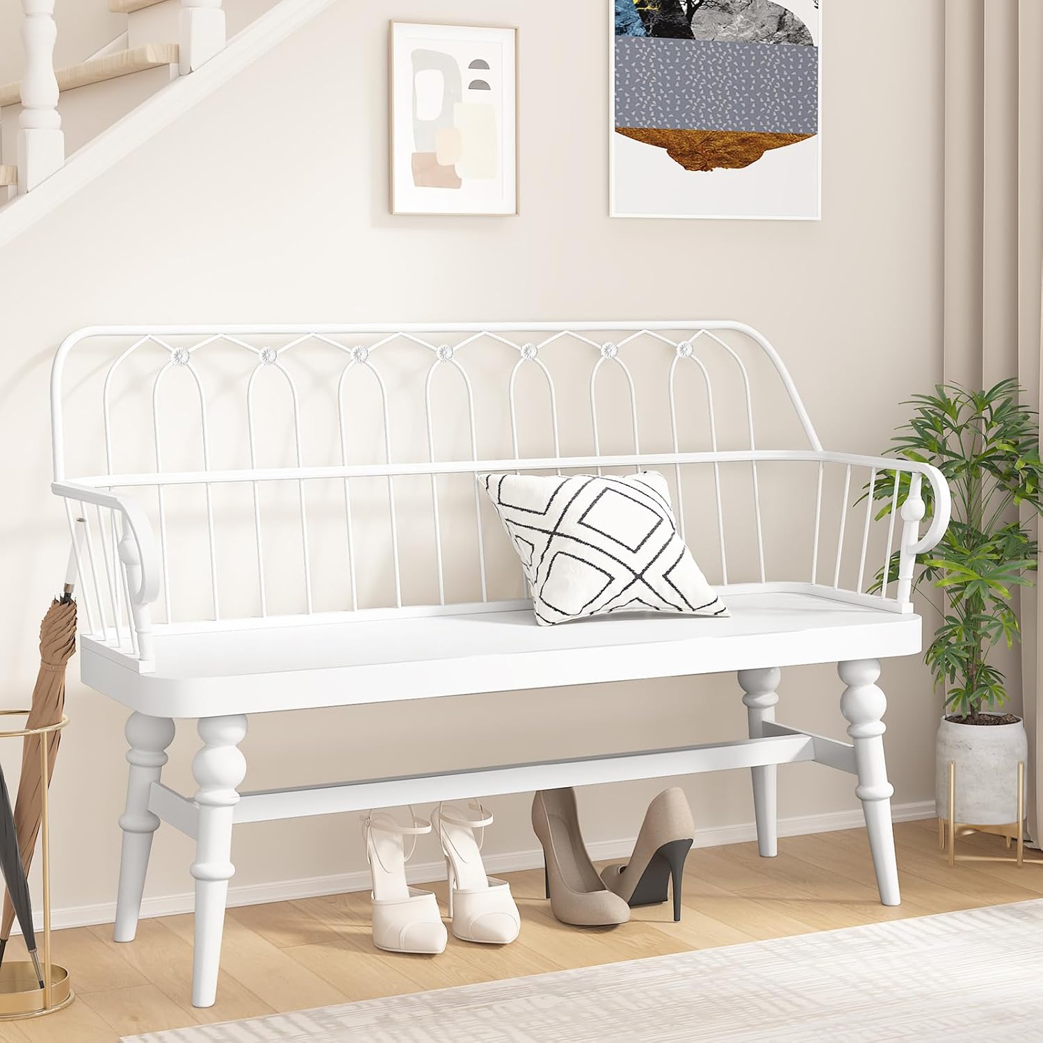 Banc d'entrée HLR®, banc de salle à manger en bois à dossier à fuseau, banc de foyer de style ferme
