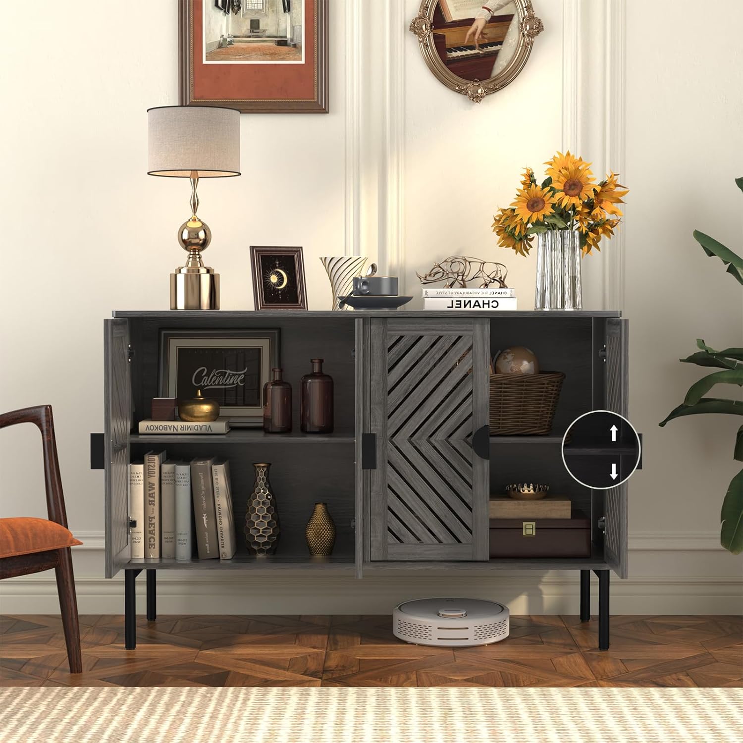 HLR® Sideboard Storage Cabinet with 2/4 Hollow Doors, Modern Accent Buffet Cabinet