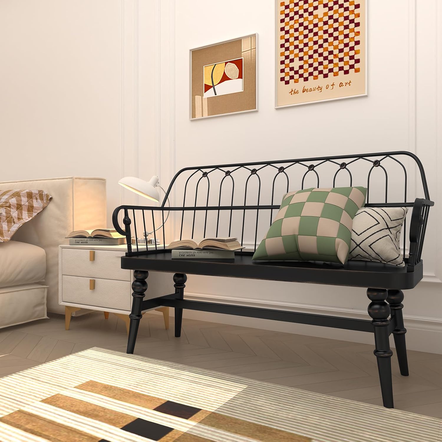 Banc d'entrée HLR®, banc de salle à manger en bois à dossier à fuseau, banc de foyer de style ferme
