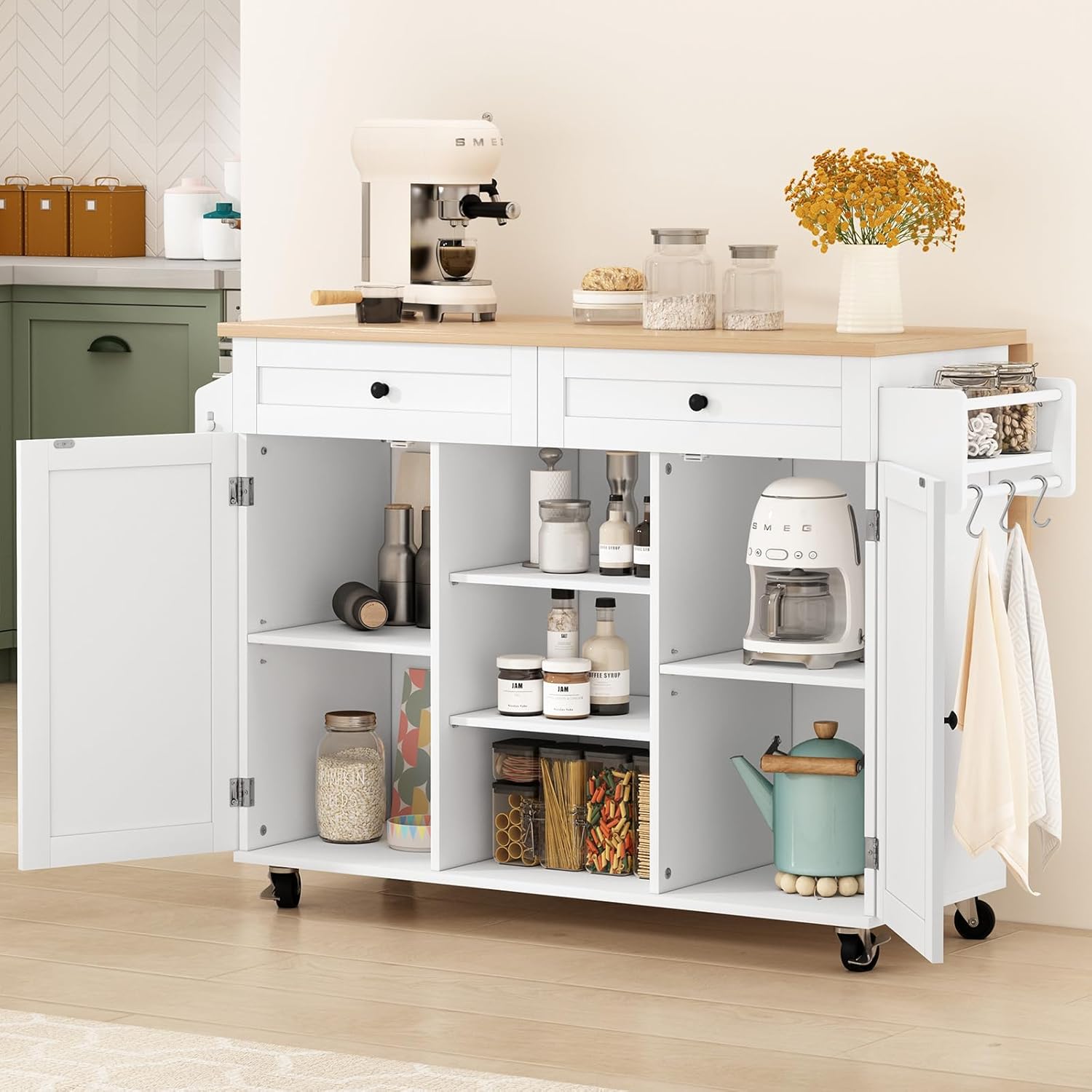 Îlot de cuisine HLR® sur roulettes, chariot de cuisine roulant avec comptoir à abattant