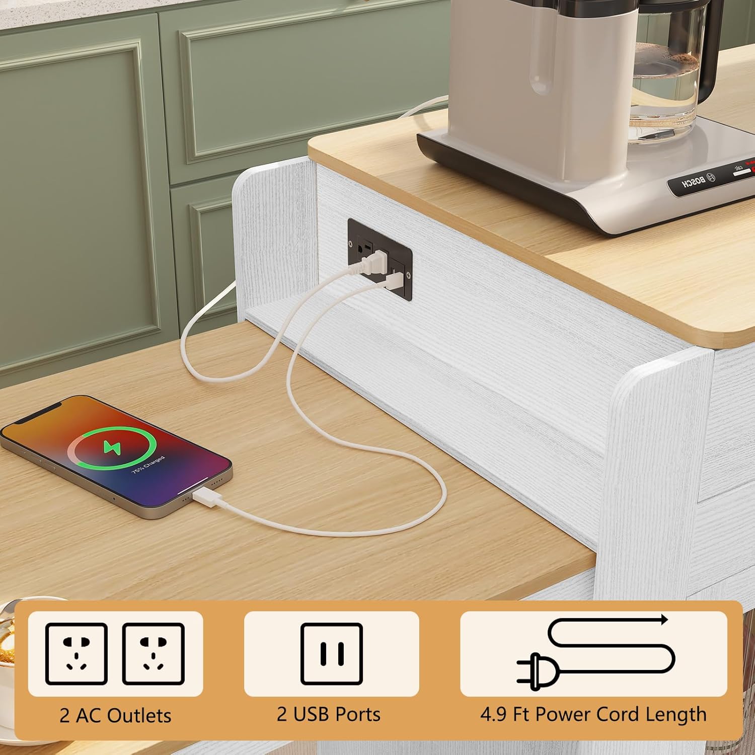 Îlot de cuisine HLR® avec table à manger extensible, plateau en grain de marbre