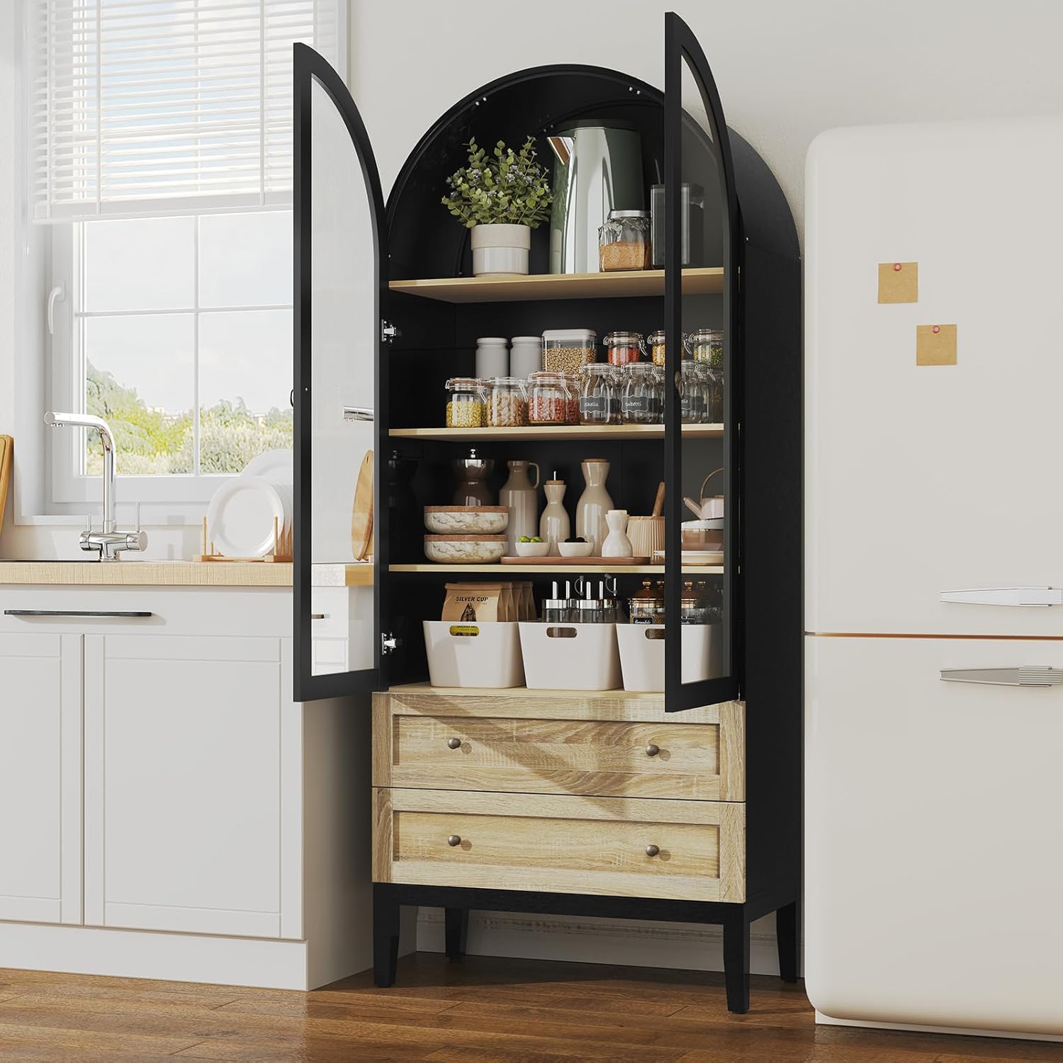 Armoire de rangement arquée HLR® de 71 po de hauteur, armoire de garde-manger de cuisine blanche de style campagnard moderne