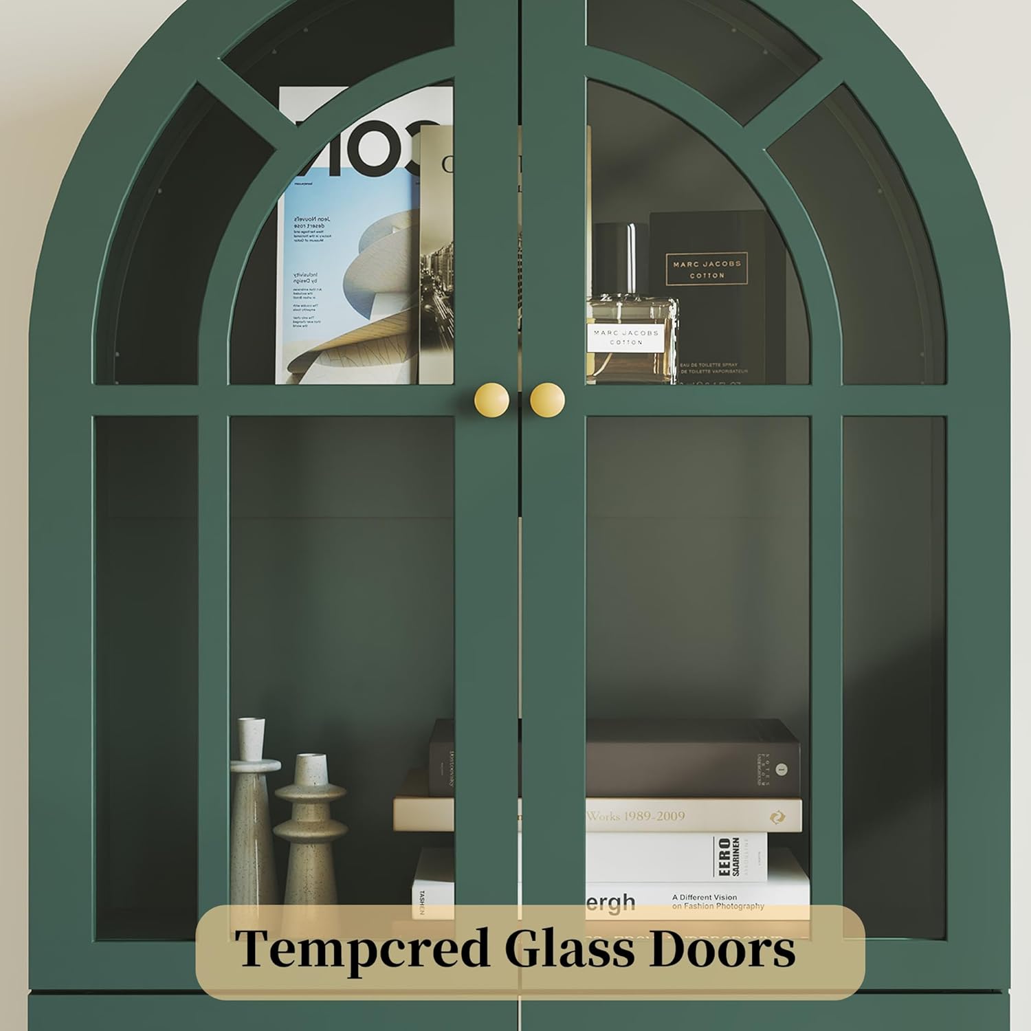 Bibliothèque arquée HLR®, armoire arquée de 71 po de hauteur avec tiroirs et étagères en verre