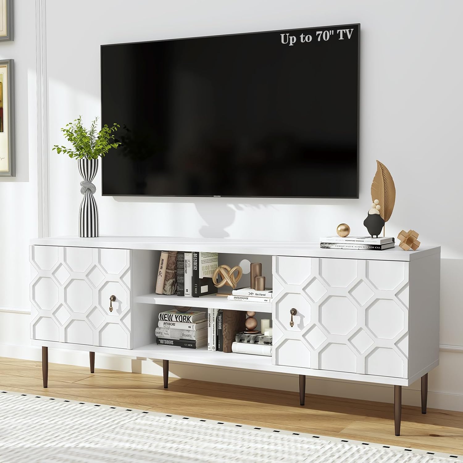 HLR® Modern TV Stand for 65/70 inch TV, Entertainment Center with Storage Cabinet&Open Shelves