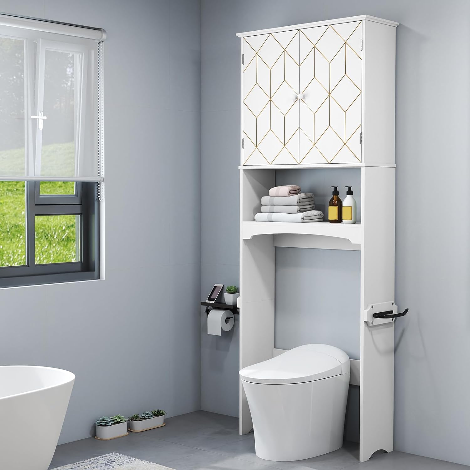 Meuble de rangement HLR® au-dessus des toilettes avec bordure dorée, meuble de salle de bain moderne au-dessus des toilettes
