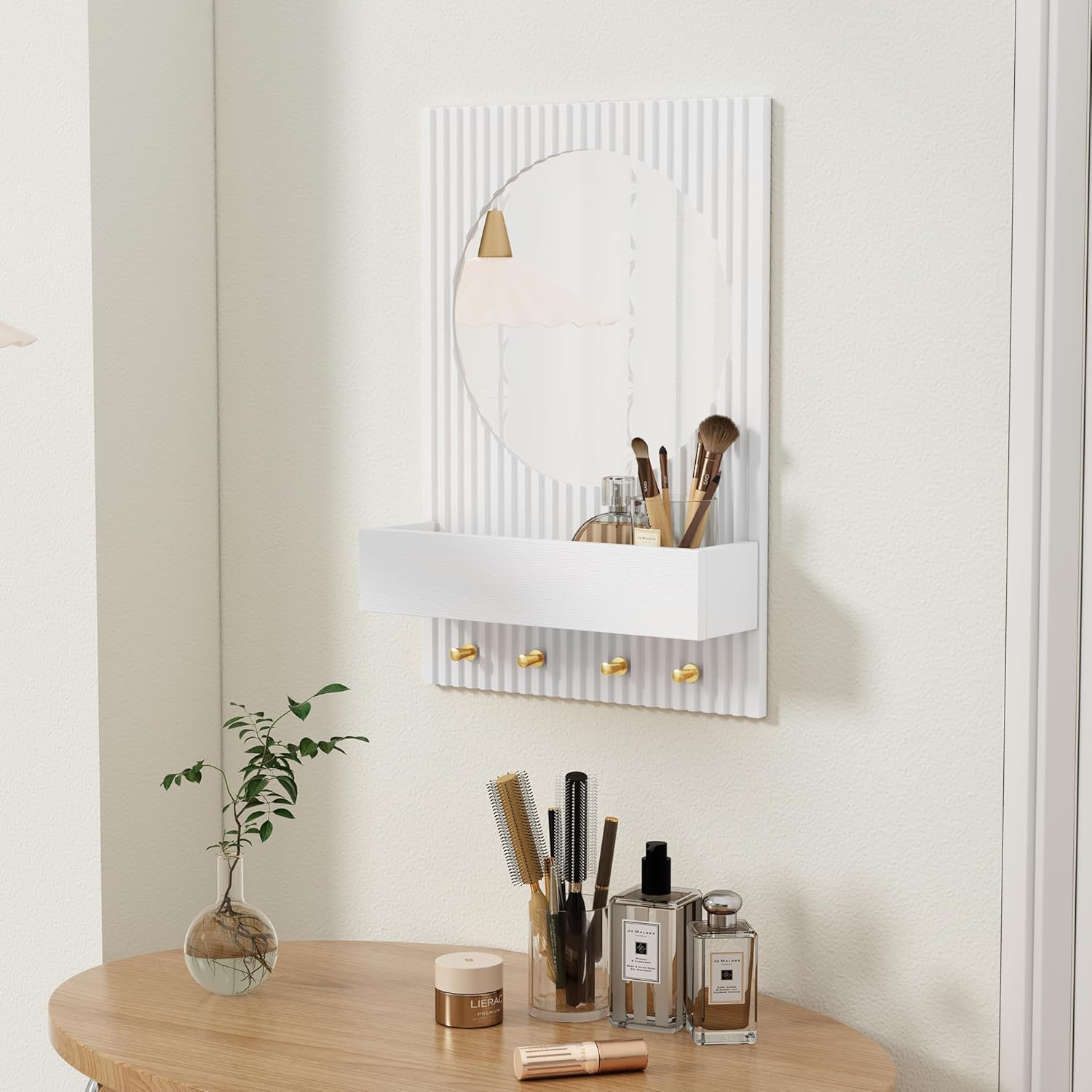 HLR® Wandspiegel aus Holz mit Ablage und Haken, 24 x 16 Zoll, weißer Wandspiegel