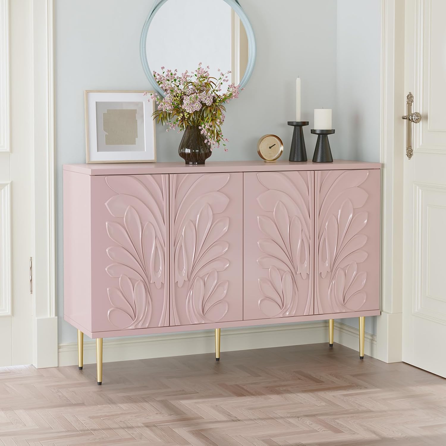HLR® Sideboard Buffet Cabinet with 3D Flower Pattern, Accent Cabinet