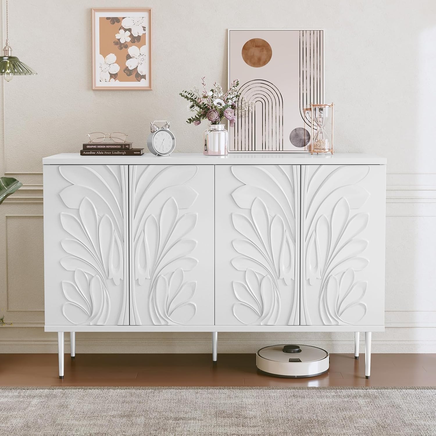 HLR® Sideboard Buffet Cabinet with 3D Flower Pattern, Accent Cabinet