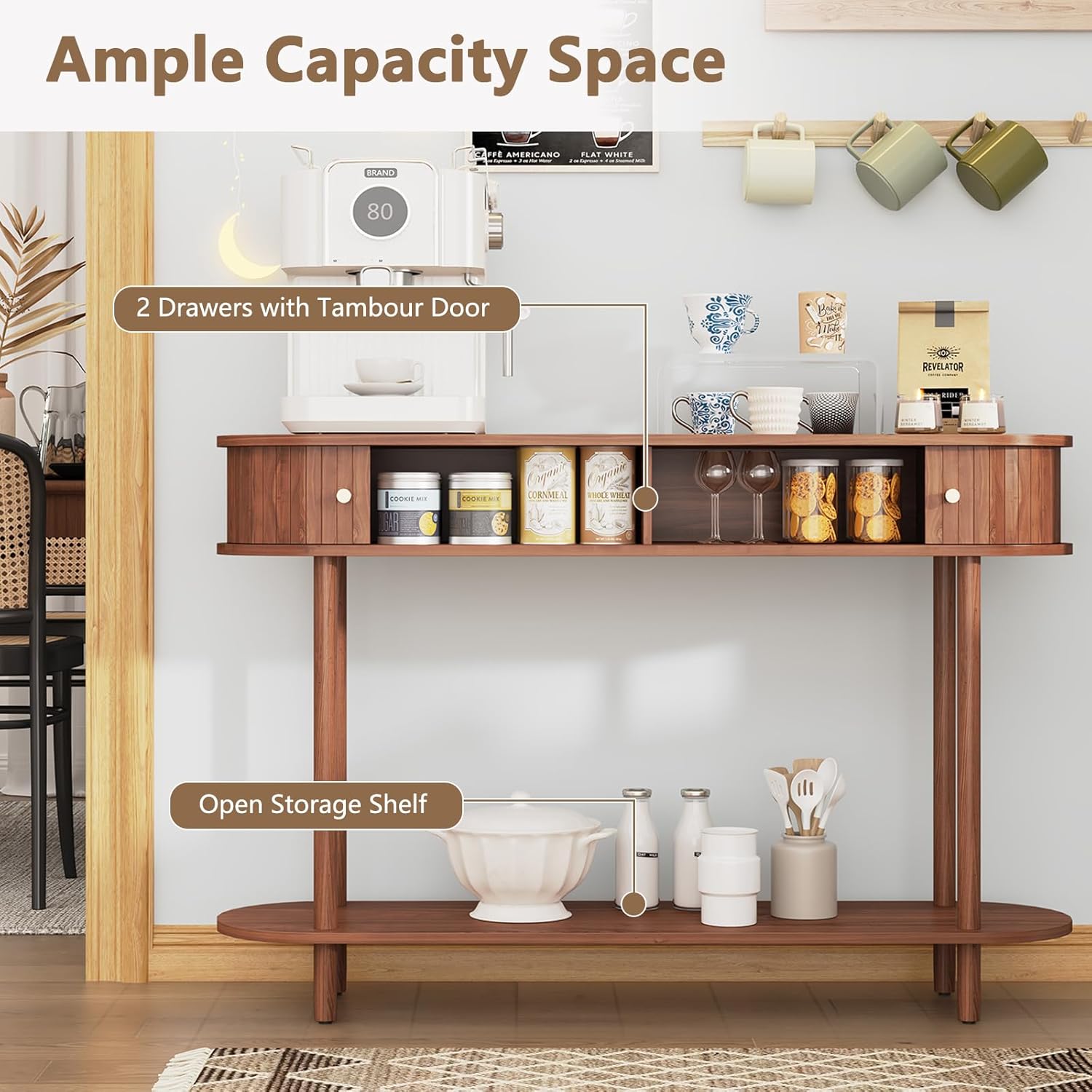 Table d'entrée moderne HLR® avec porte à tambour en bois, console décorative derrière le canapé