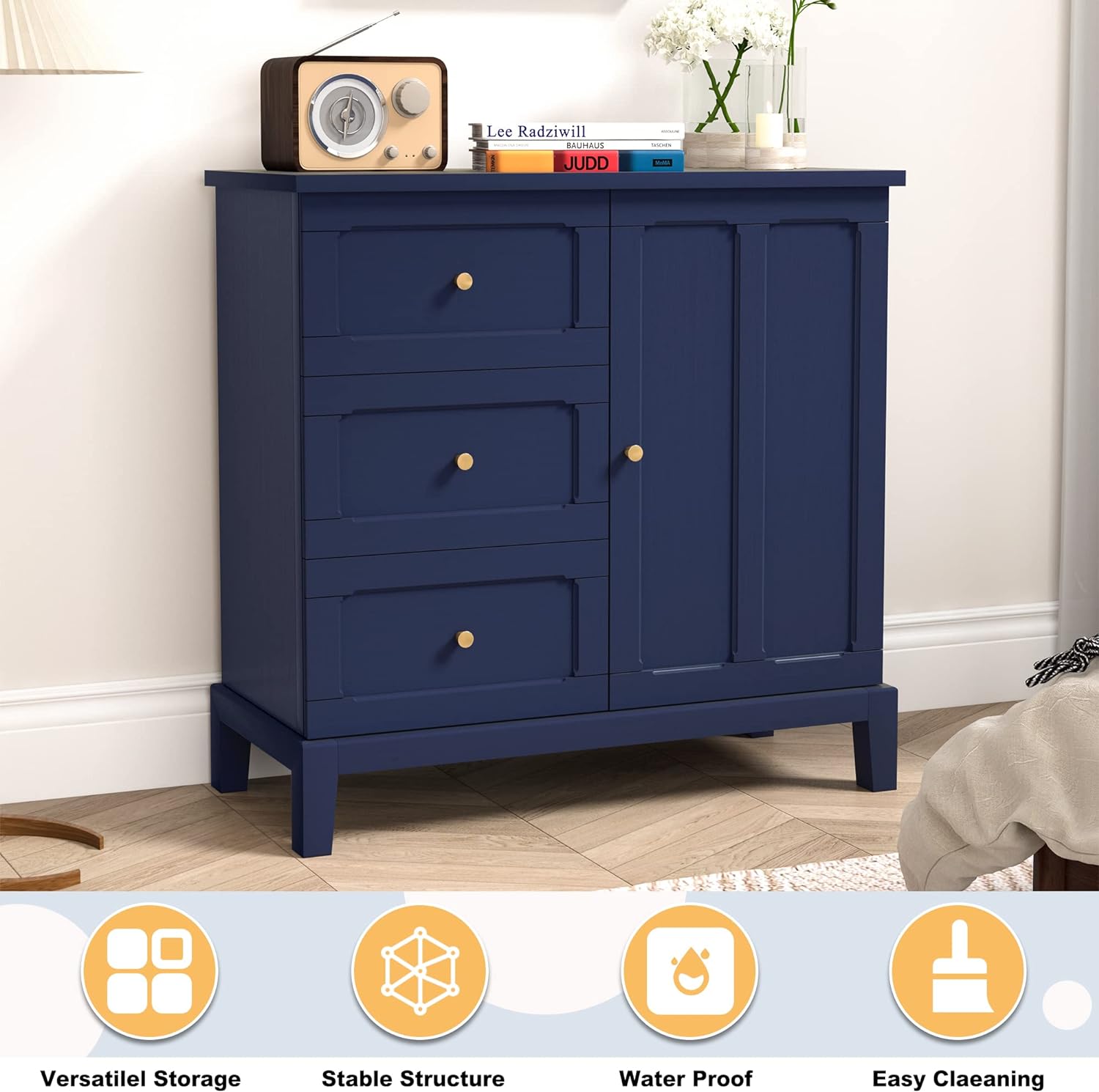 Armoire d'appoint HLR® avec 3 tiroirs et porte, armoire de rangement en bois avec étagères