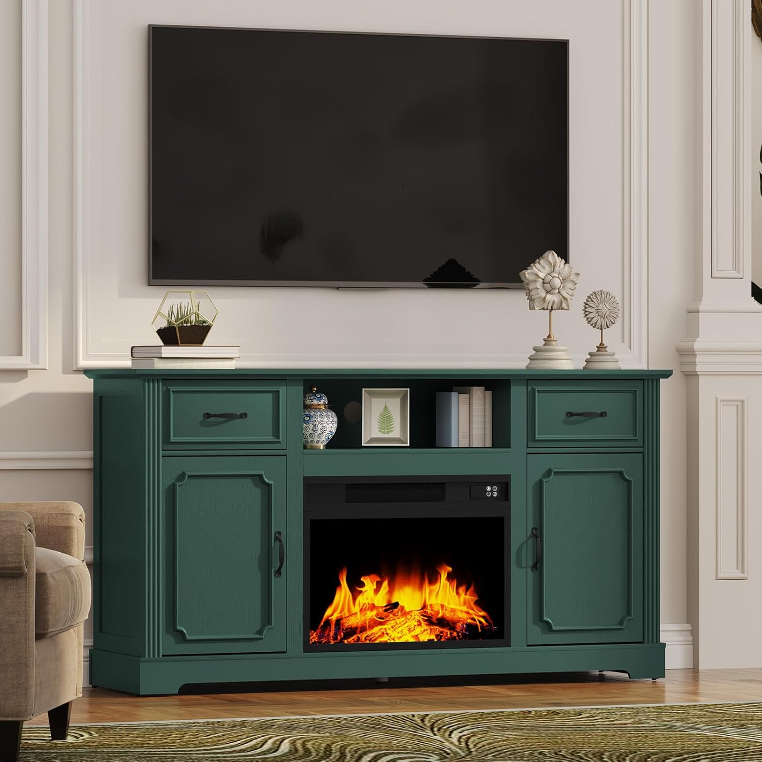 Meuble TV HLR® avec cheminée pour téléviseur jusqu'à 65 pouces, console avec étagères réglables