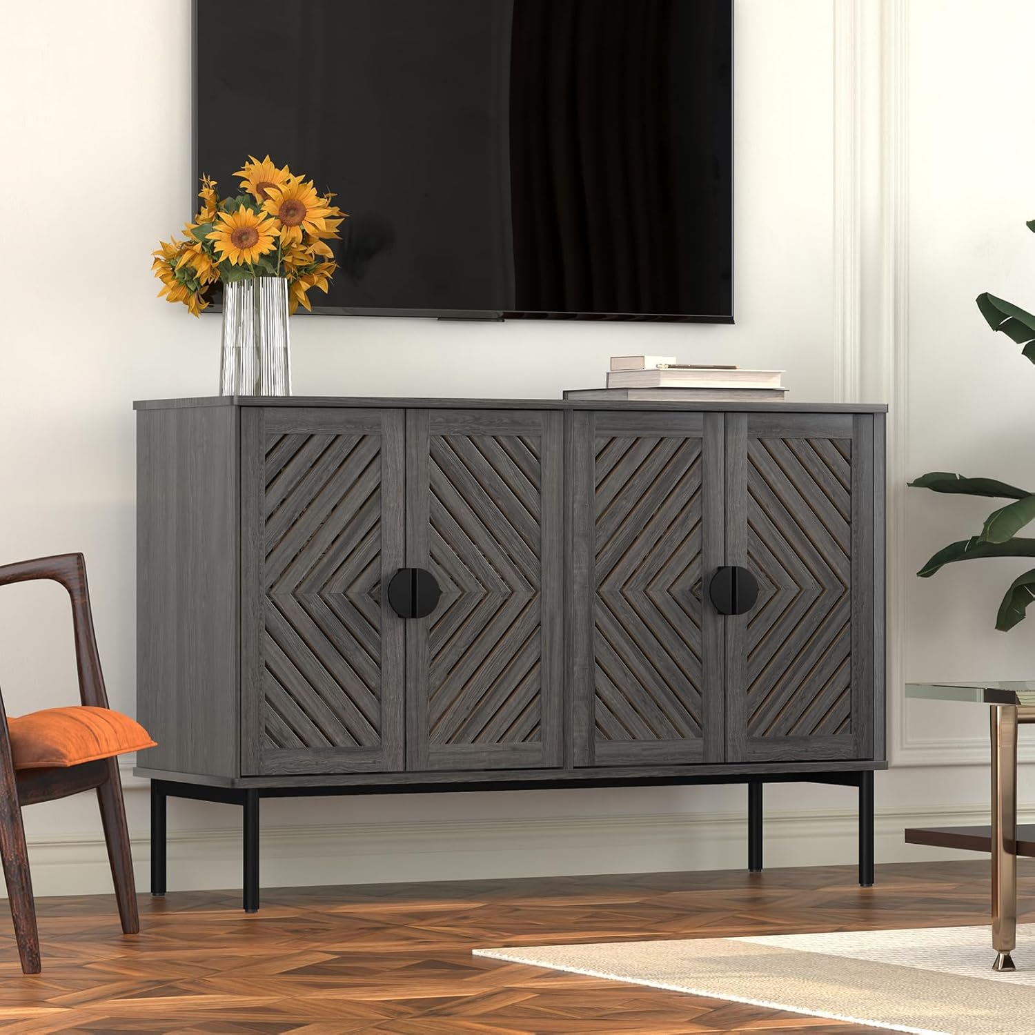 HLR® Sideboard Storage Cabinet with 2/4 Hollow Doors, Modern Accent Buffet Cabinet