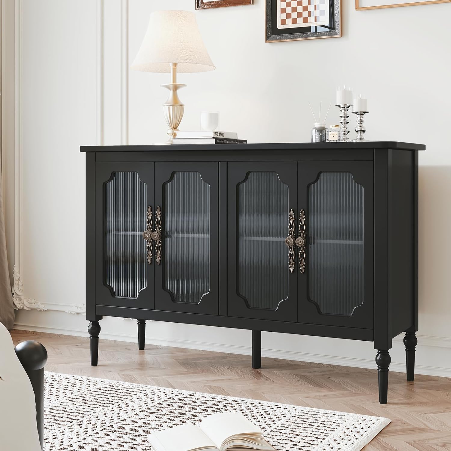 Buffet vintage HLR® avec 4 portes vitrées, 122 cm, meuble de rangement de style milieu du siècle avec étagères