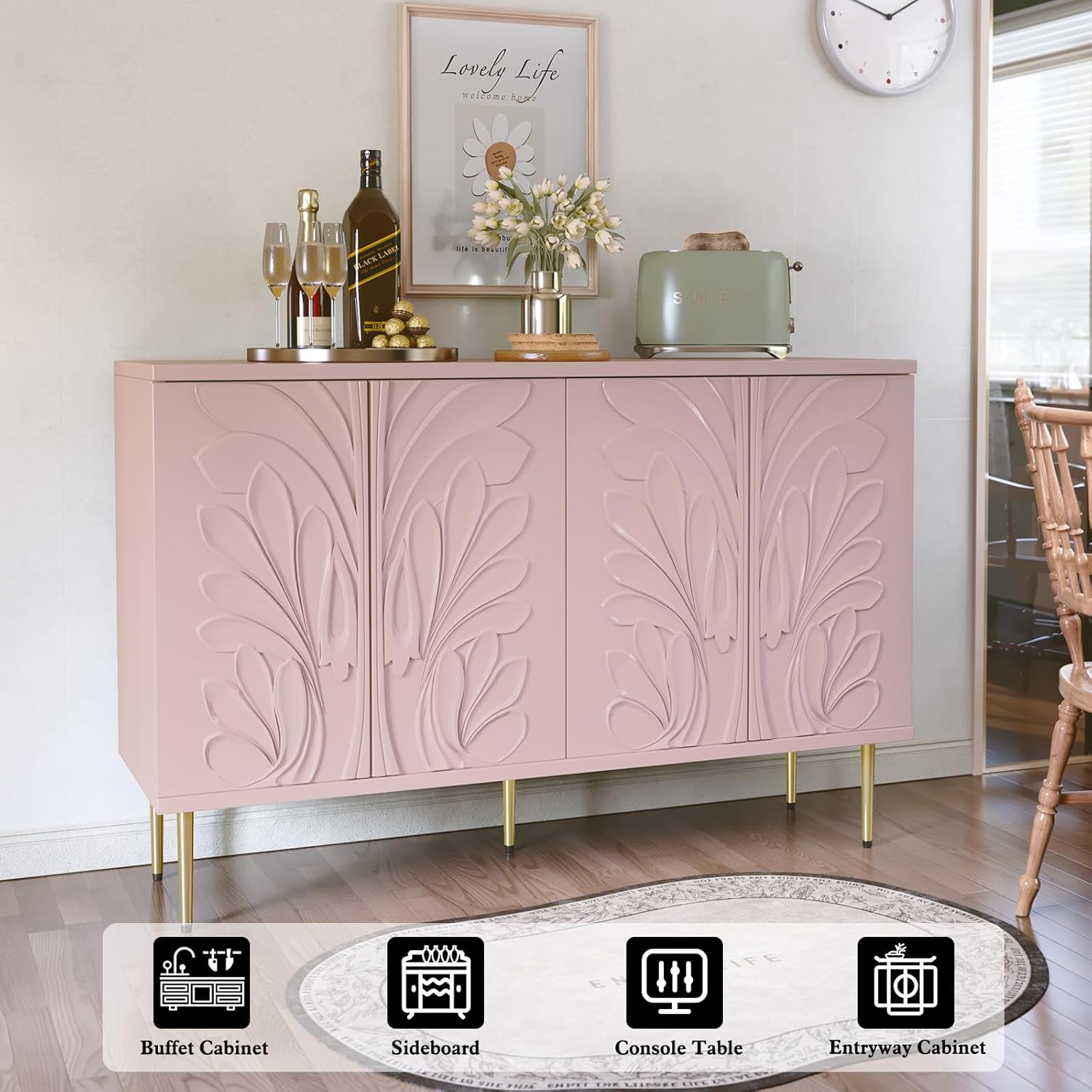 HLR® Sideboard Buffet Cabinet with 3D Flower Pattern, Accent Cabinet