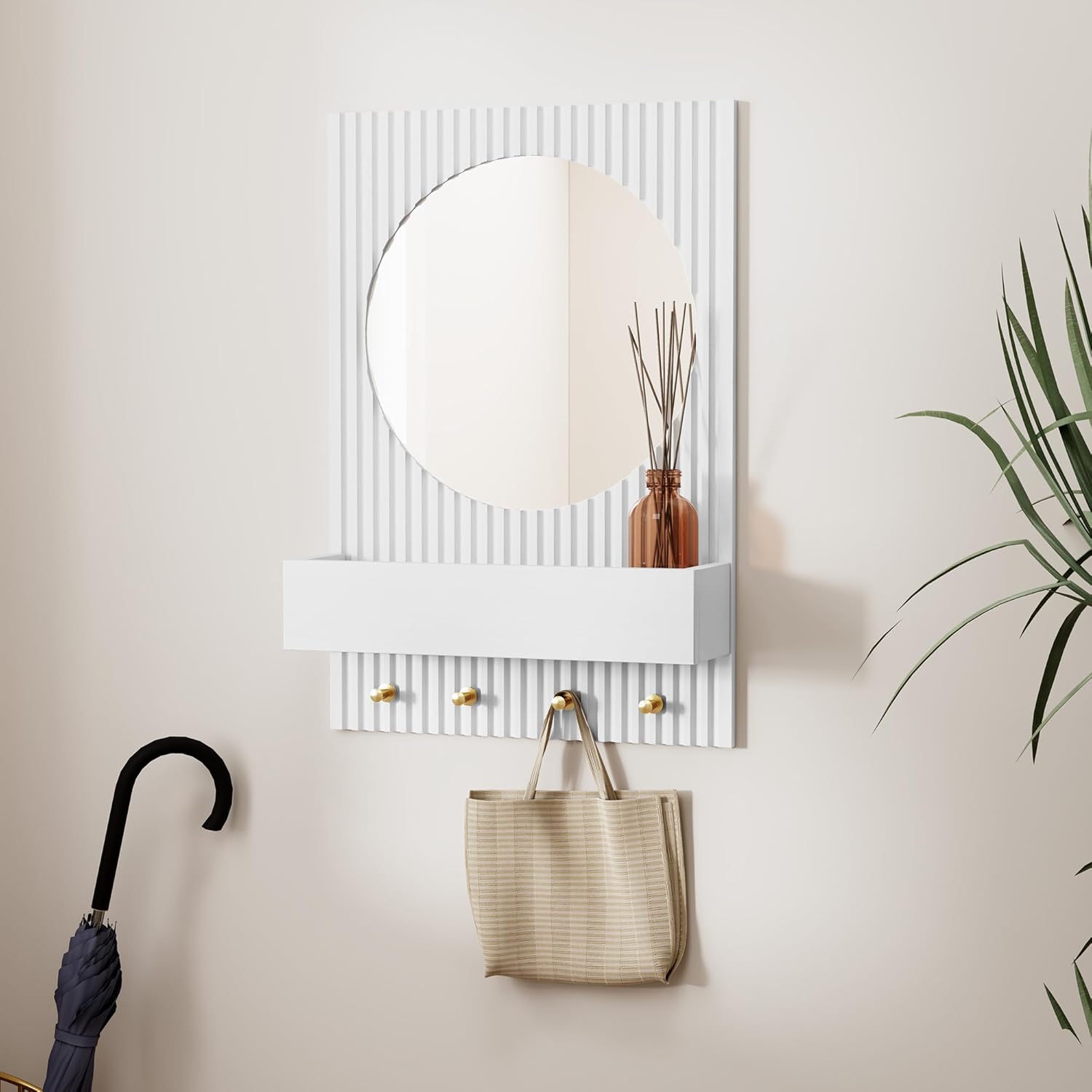 HLR® Wandspiegel aus Holz mit Ablage und Haken, 24 x 16 Zoll, weißer Wandspiegel