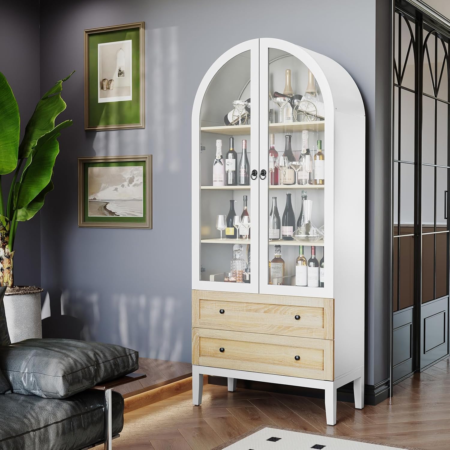 Armoire de rangement arquée HLR® de 71 po de hauteur, armoire de garde-manger de cuisine blanche de style campagnard moderne