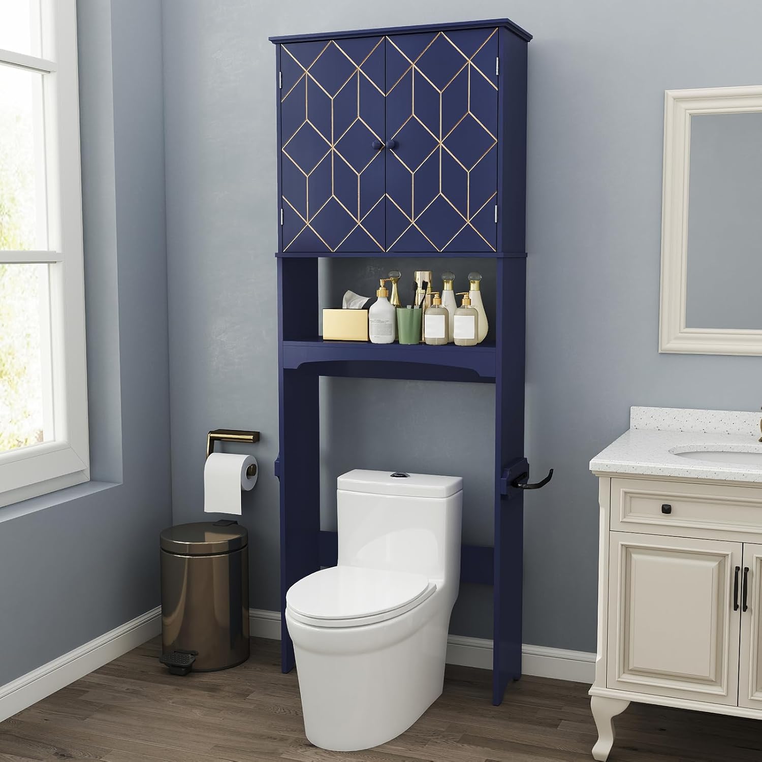 Meuble de rangement HLR® au-dessus des toilettes avec bordure dorée, meuble de salle de bain moderne au-dessus des toilettes