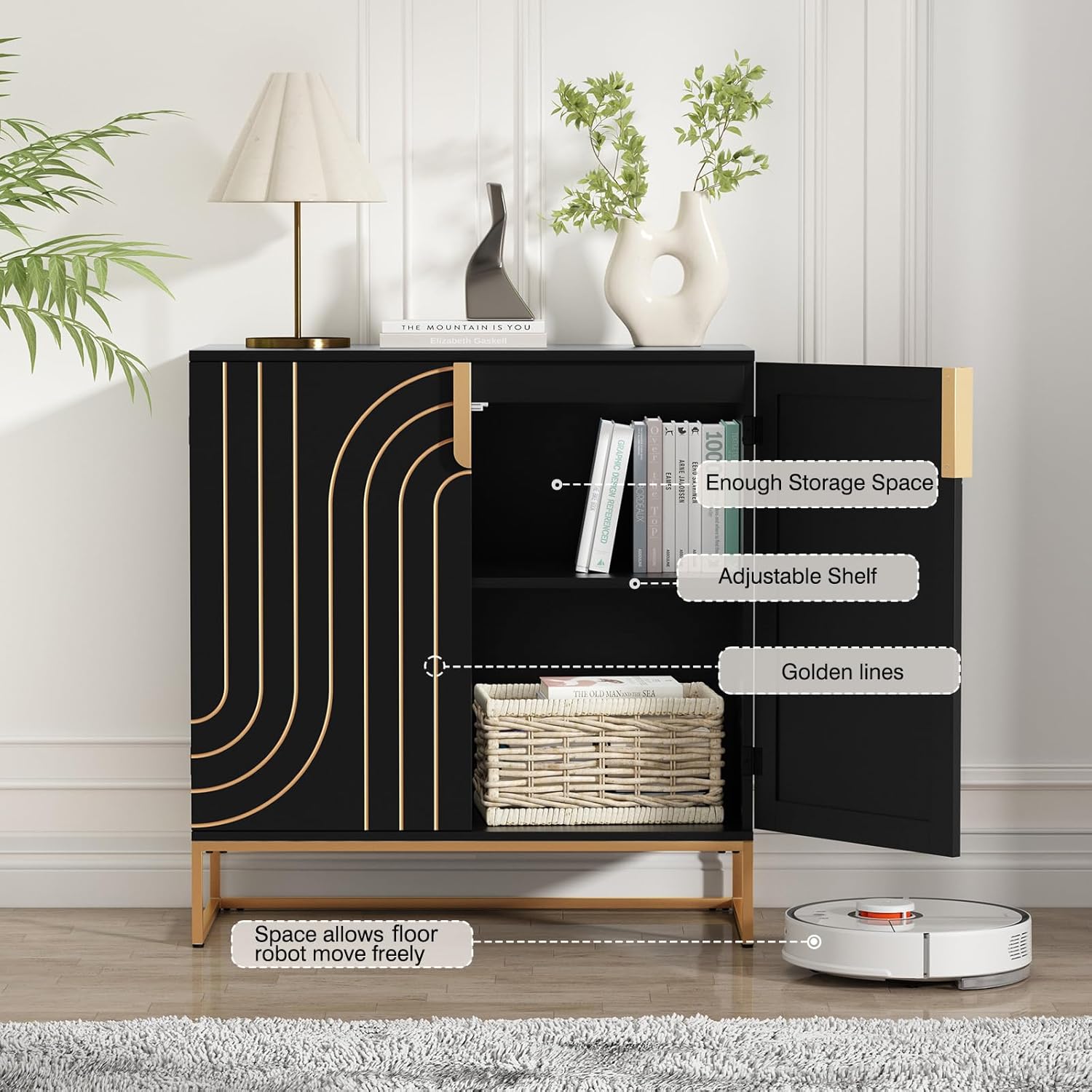 HLR® Armoire d'appoint en bois avec 2 portes, buffet de rangement