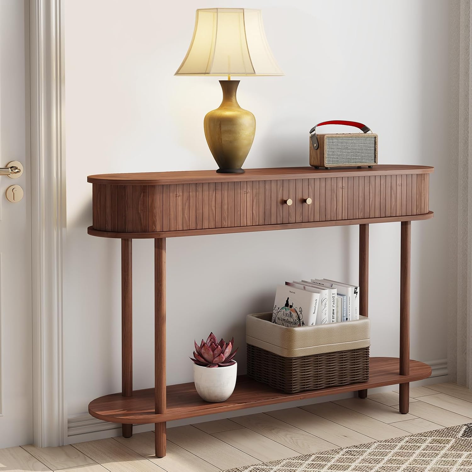Table d'entrée moderne HLR® avec porte à tambour en bois, console décorative derrière le canapé