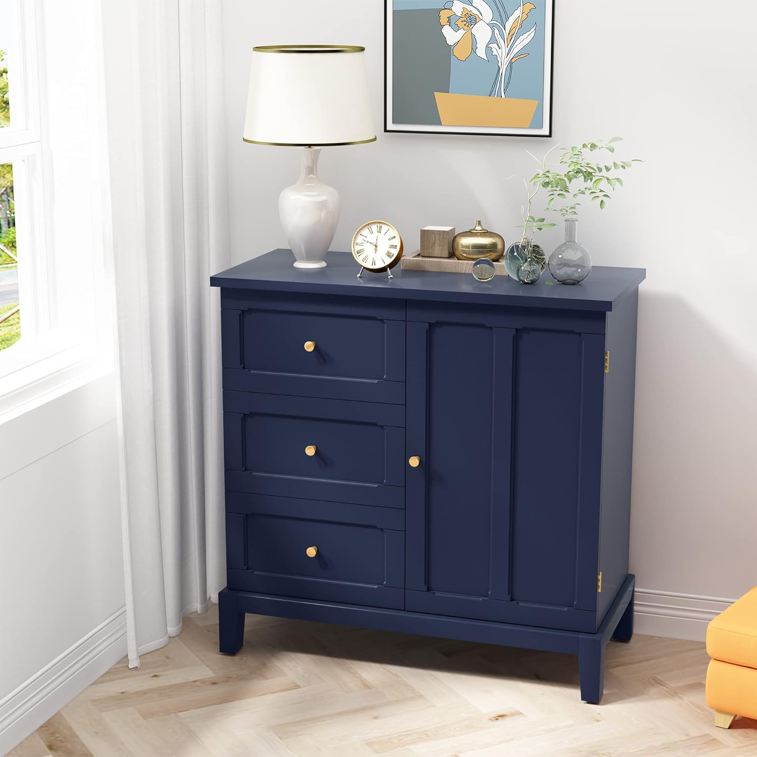 Armoire d'appoint HLR® avec 3 tiroirs et porte, armoire de rangement en bois avec étagères