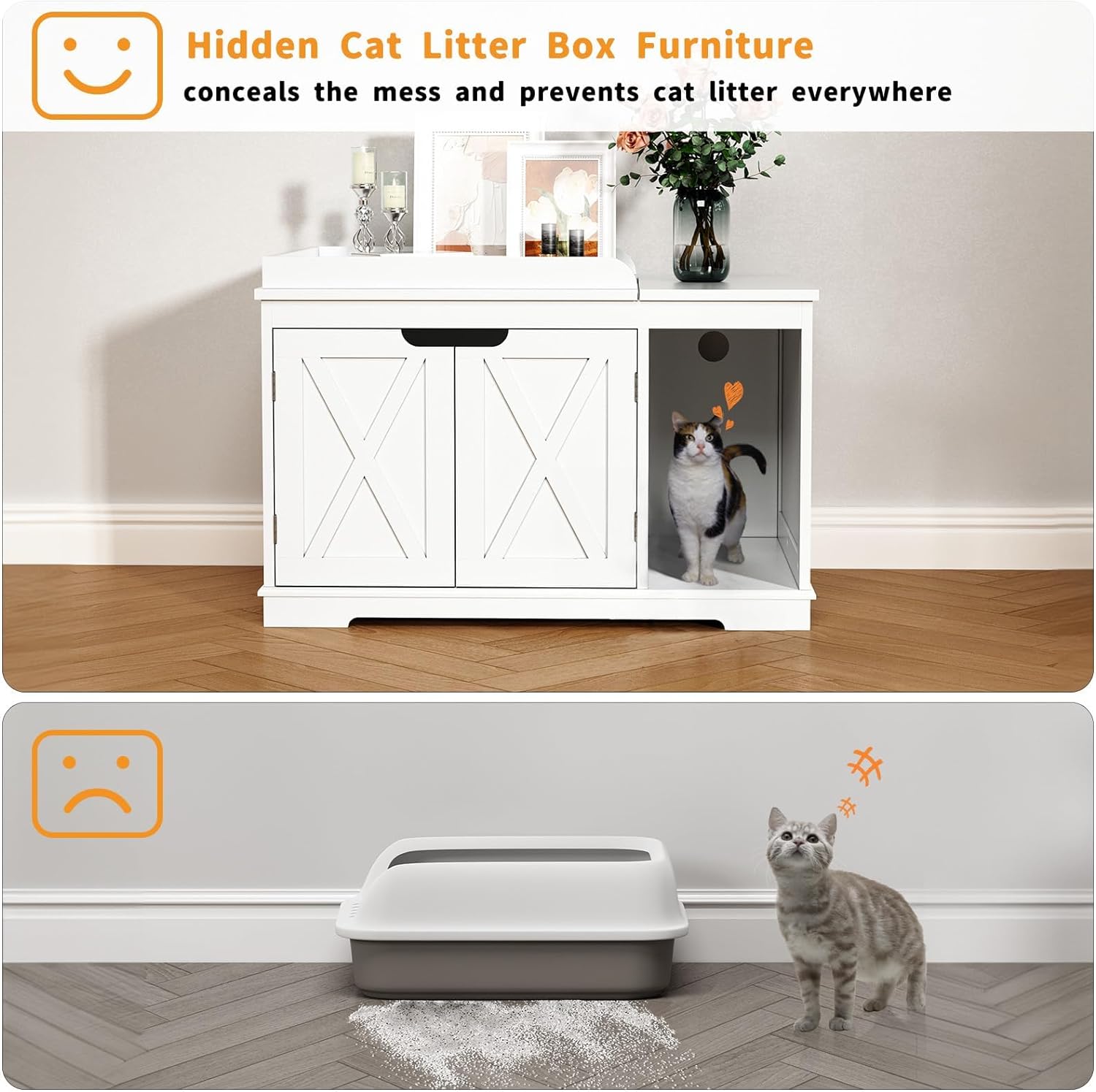 Bac à litière pour chat HLR® Flip Top Bac à litière couvert Meuble caché Armoire de toilette pour chat en bois