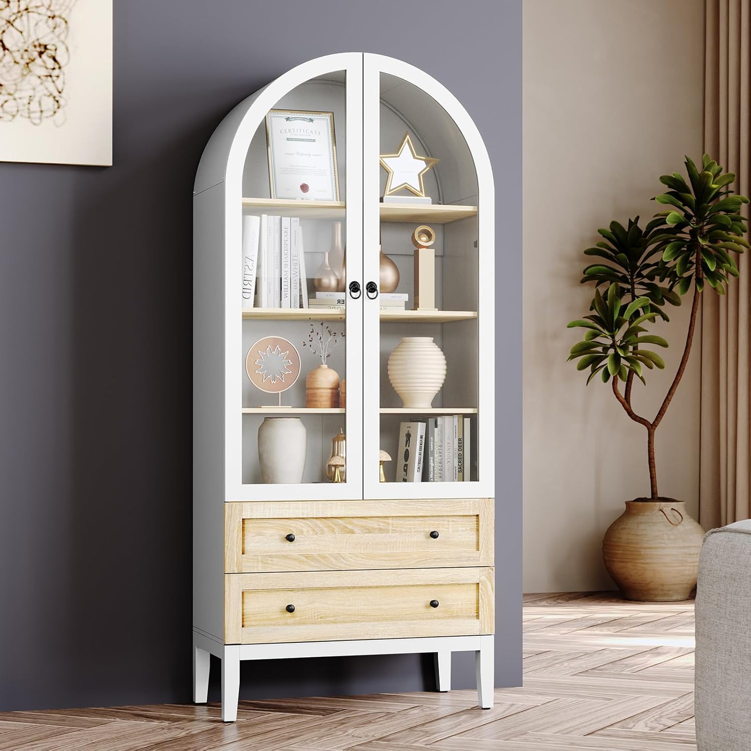 Armoire de rangement arquée HLR® de 71 po de hauteur, armoire de garde-manger de cuisine blanche de style campagnard moderne