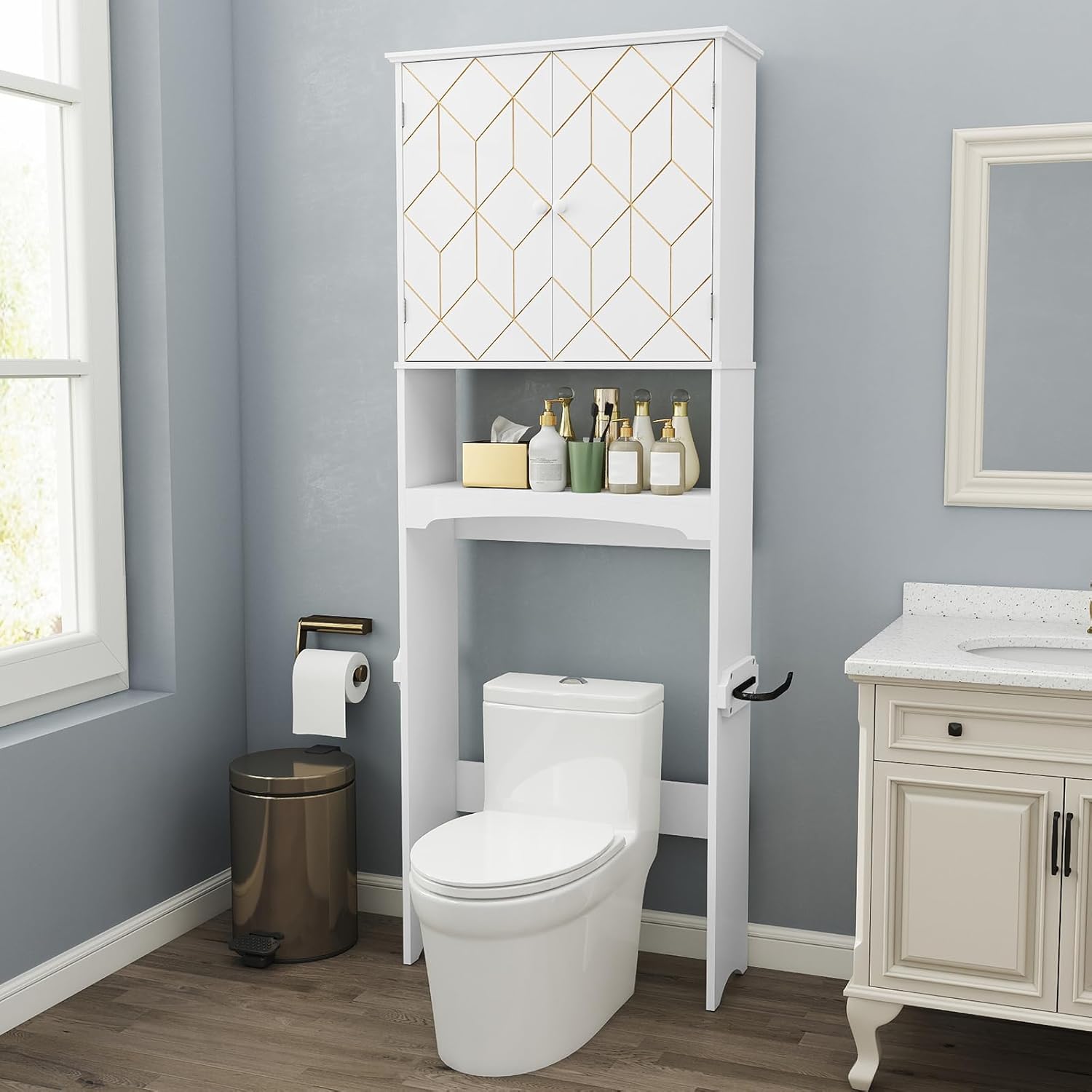 Meuble de rangement HLR® au-dessus des toilettes avec bordure dorée, meuble de salle de bain moderne au-dessus des toilettes