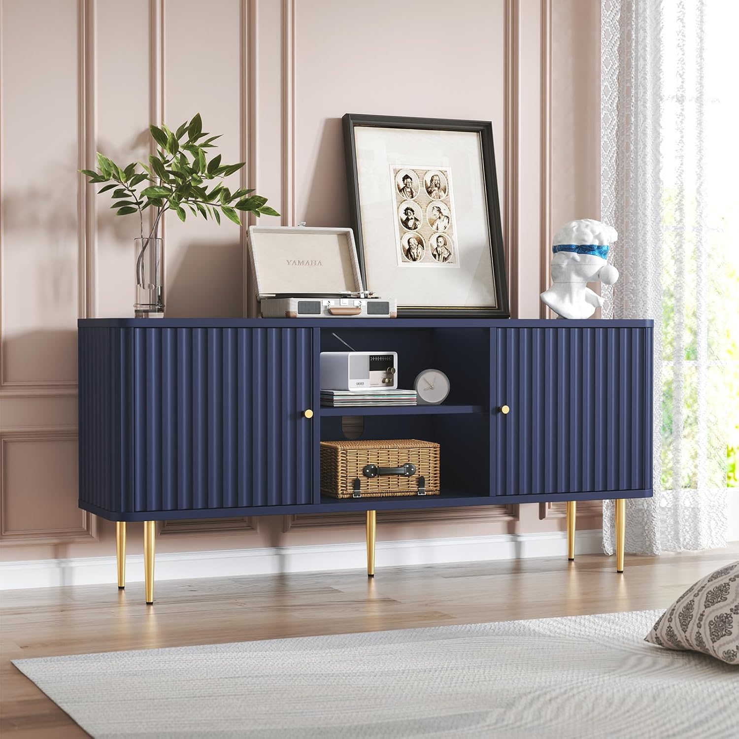 Meuble TV cannelé HLR® 55 pouces, meuble TV blanc moderne du milieu du siècle pour téléviseurs 55/60/65 pouces