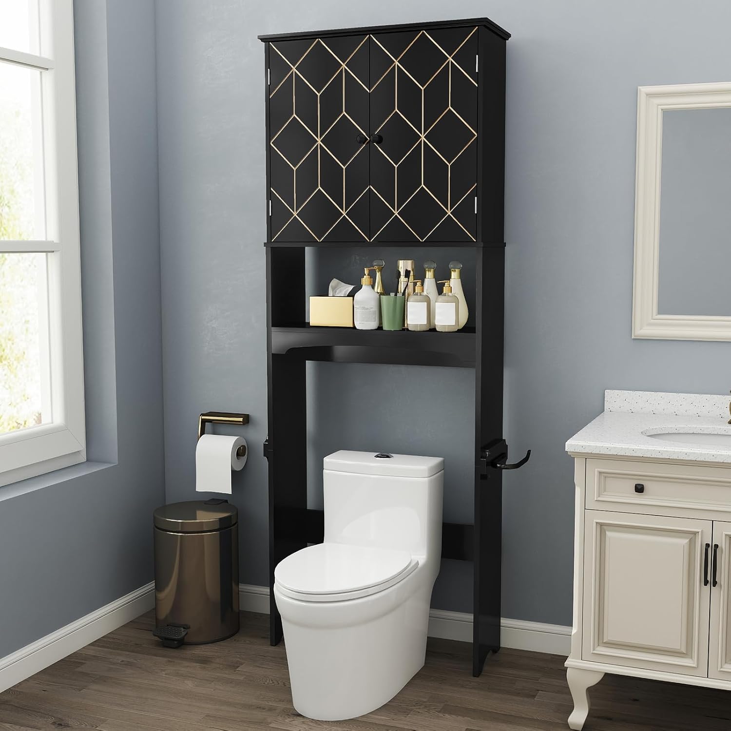 Meuble de rangement HLR® au-dessus des toilettes avec bordure dorée, meuble de salle de bain moderne au-dessus des toilettes