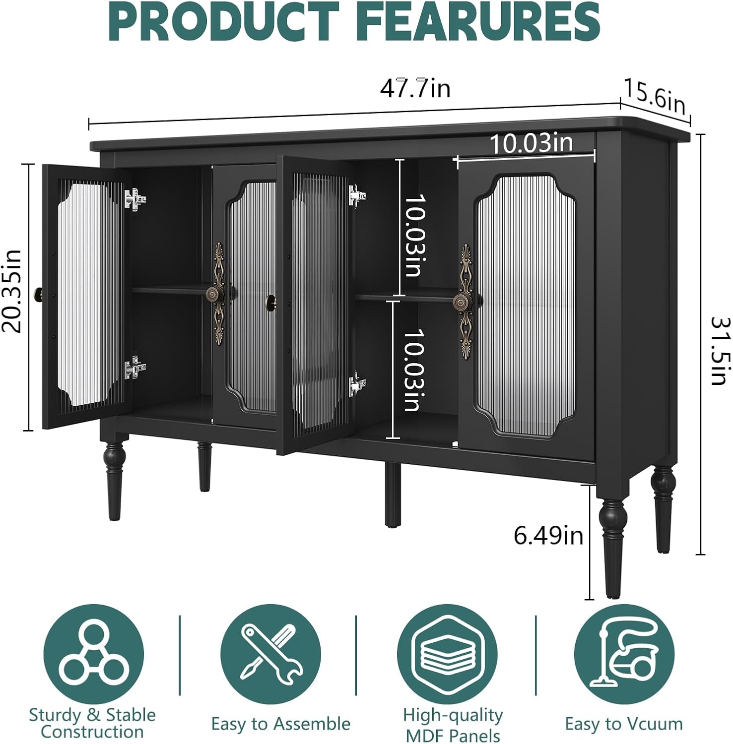 Buffet vintage HLR® avec 4 portes vitrées, 122 cm, meuble de rangement de style milieu du siècle avec étagères