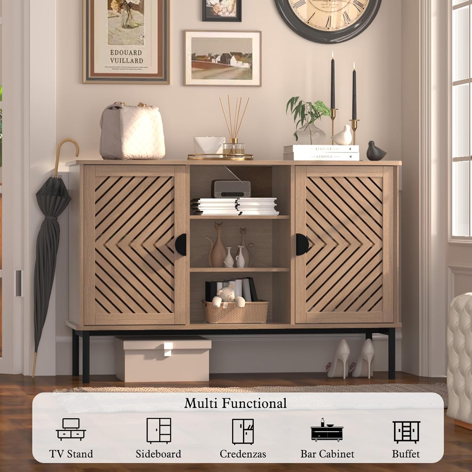 HLR® Accent Cabinet with 2 Hollow Doors, Sideboard Storage Cabinet, Modern Buffet Cabinet
