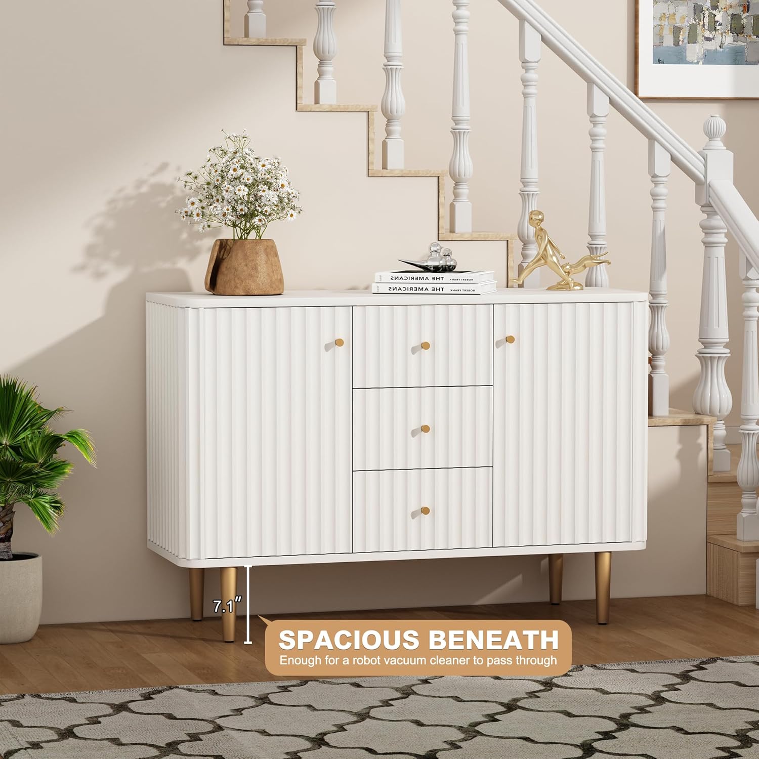 Buffet HLR® avec rangement, meuble d'appoint cannelé de 48 po avec 2 tiroirs et 2 portes