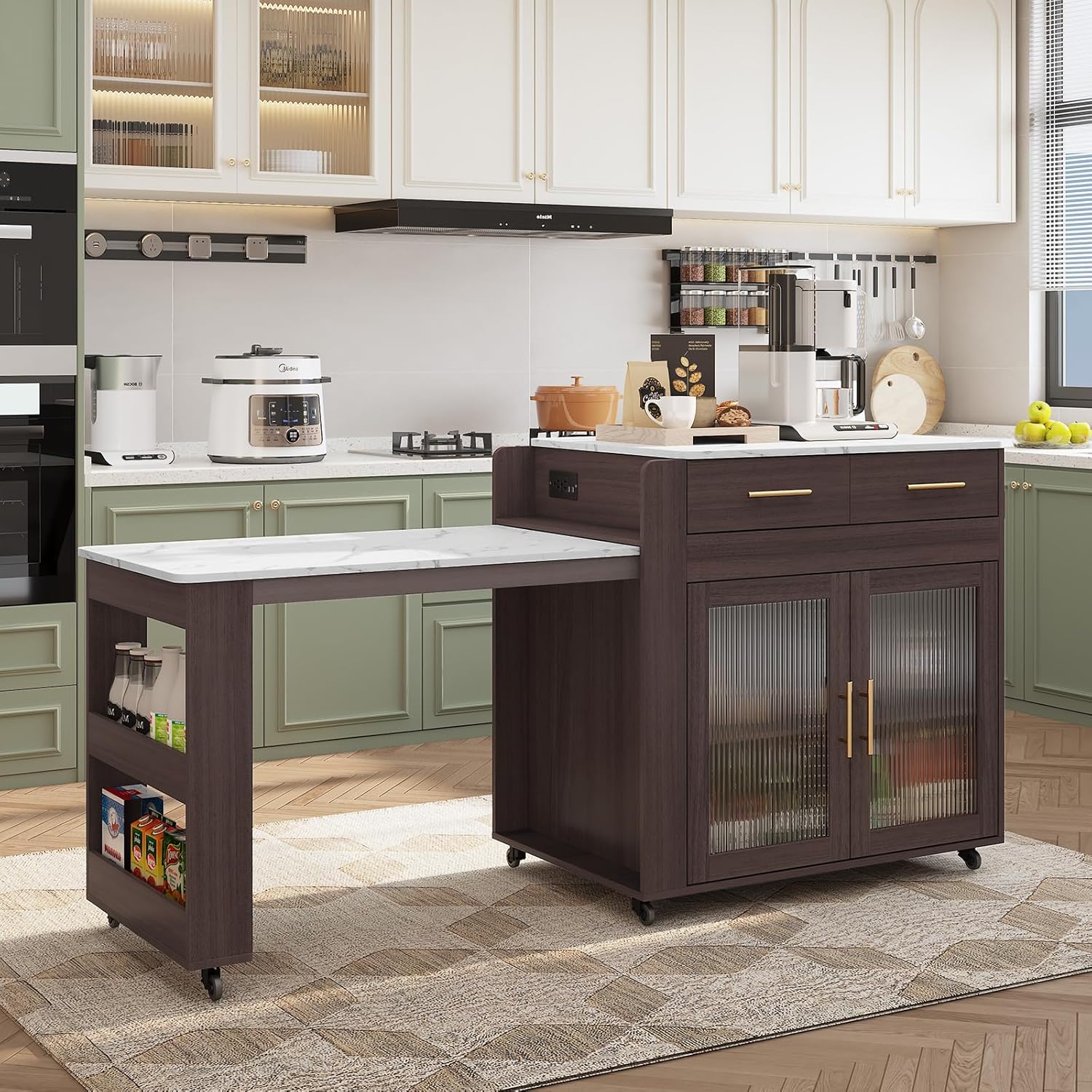 Îlot de cuisine HLR® avec table à manger extensible, plateau en grain de marbre