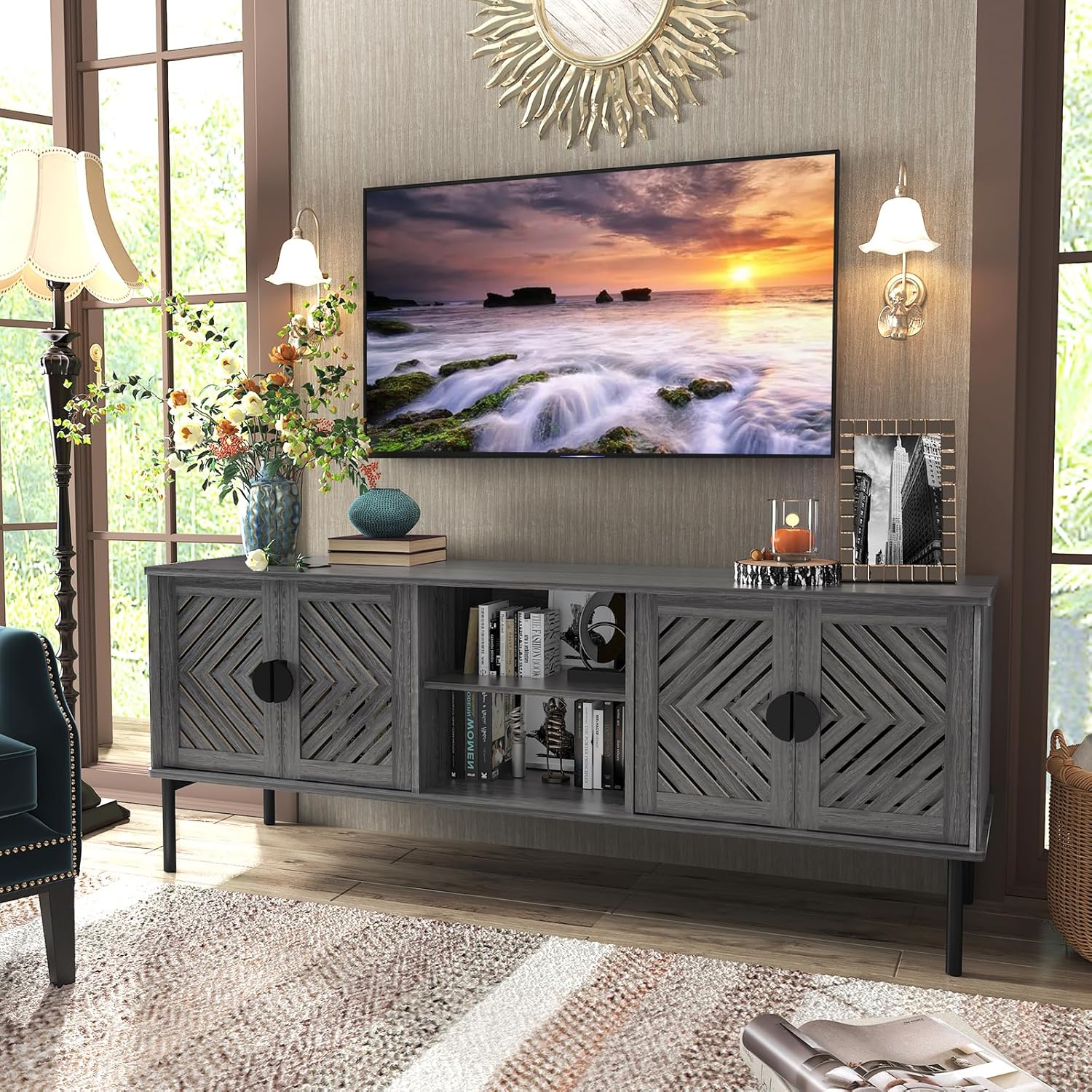 Meubles TV modernes HLR® 63 pouces pour salon, long centre de divertissement avec rangement, console TV pour téléviseurs 55, 60, 65 et 70 pouces