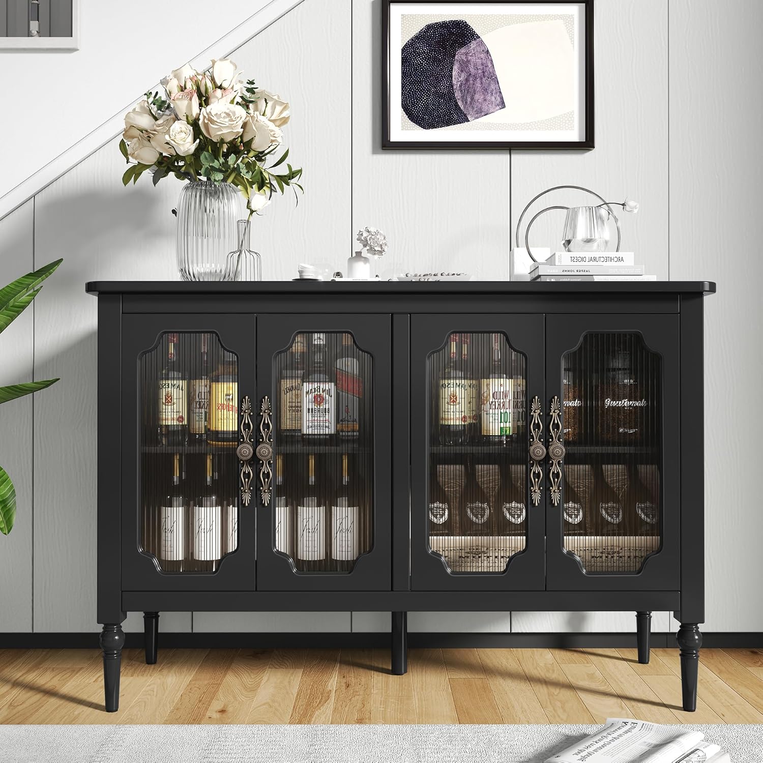 Buffet vintage HLR® avec 4 portes vitrées, 122 cm, meuble de rangement de style milieu du siècle avec étagères