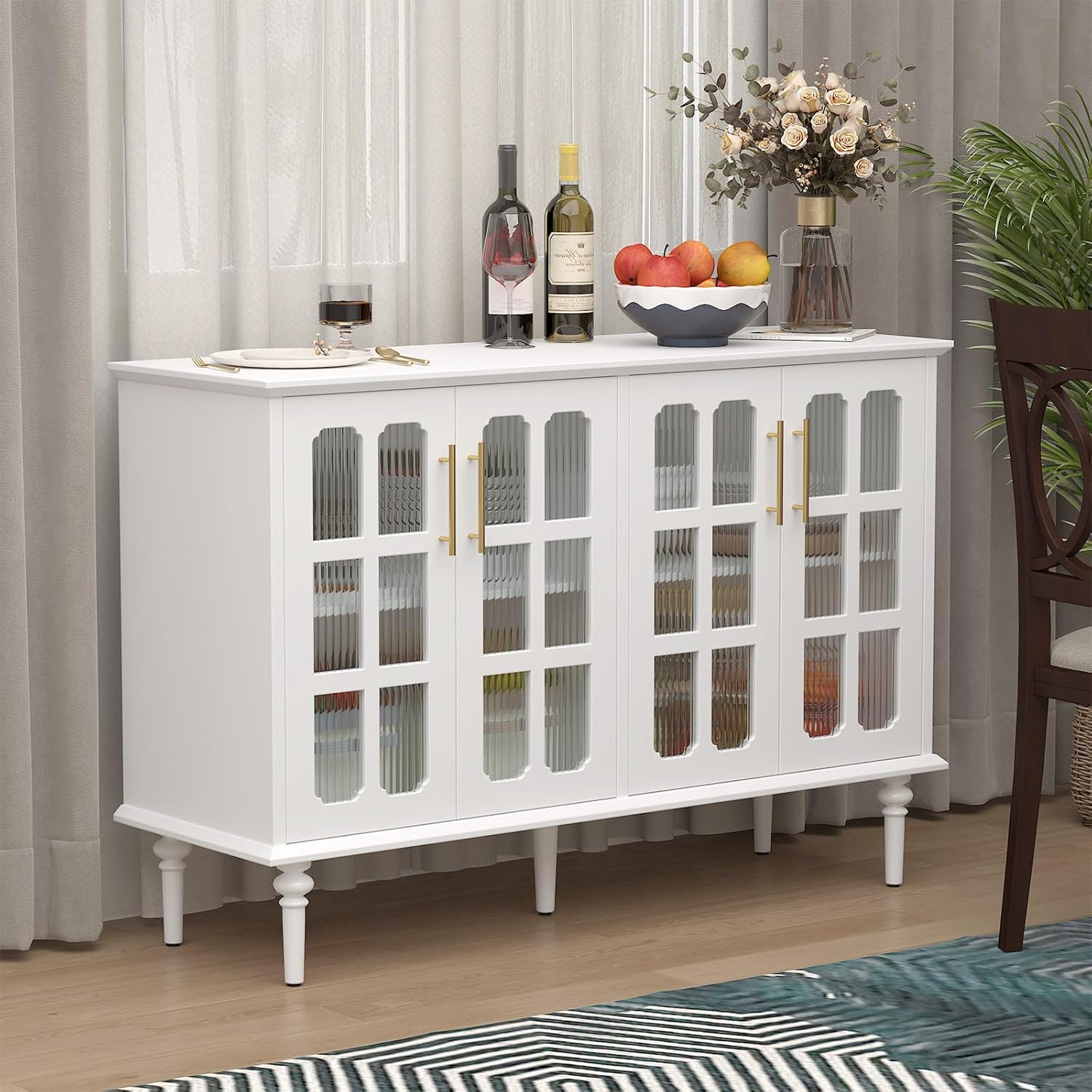 Buffet vintage HLR® avec 2 portes en verre à treillis, meuble d'appoint en bois