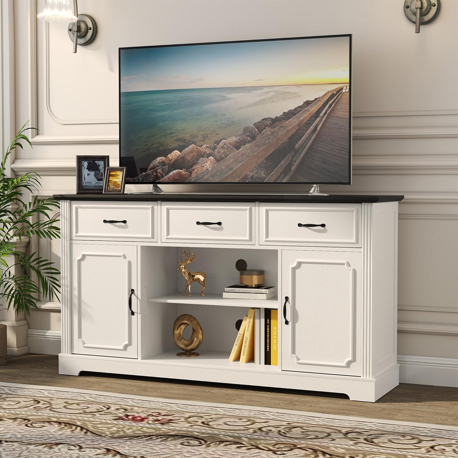 HLR® TV-Ständer mit 3 Schubladen für Fernseher bis 65 Zoll, Fernsehschrank aus Holz im Mid-Century-Stil