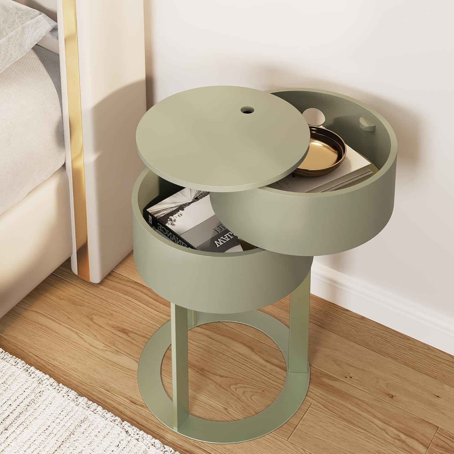 Table d'appoint ronde HLR® avec tiroirs de rangement cachés, table de chevet moderne avec tiroir pivotant,