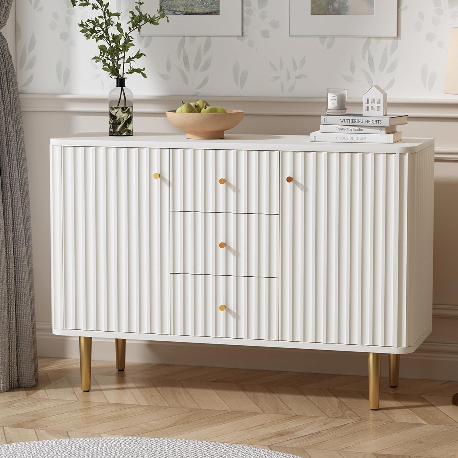 Buffet HLR® avec rangement, meuble d'appoint cannelé de 48 po avec 2 tiroirs et 2 portes