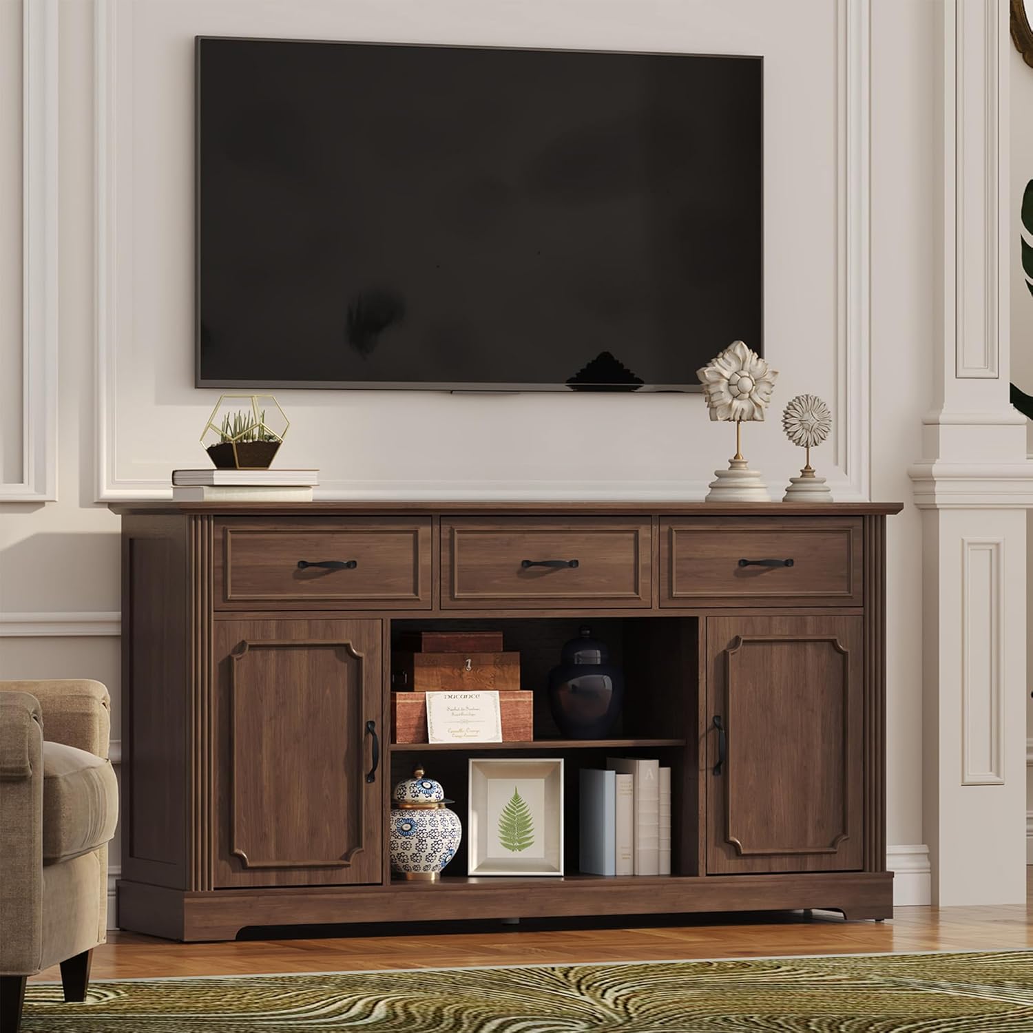 HLR® TV-Ständer mit 3 Schubladen für Fernseher bis 65 Zoll, Fernsehschrank aus Holz im Mid-Century-Stil